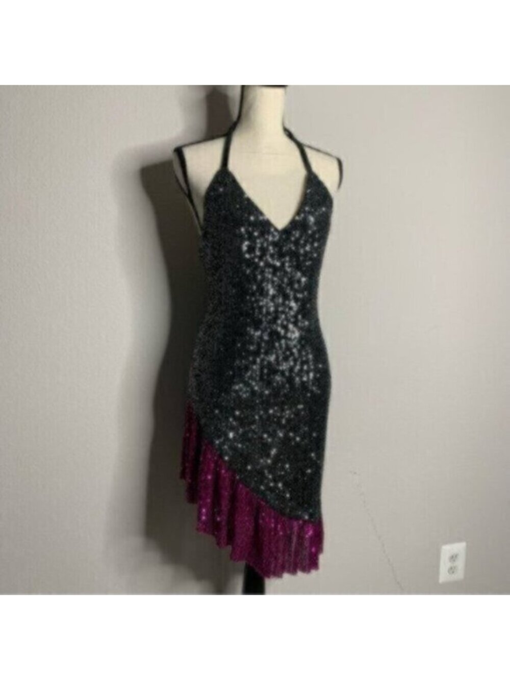 NWT One33 Social Black & Purple Sequin Colorblock Backless Halter Dress - Picture 6 of 15